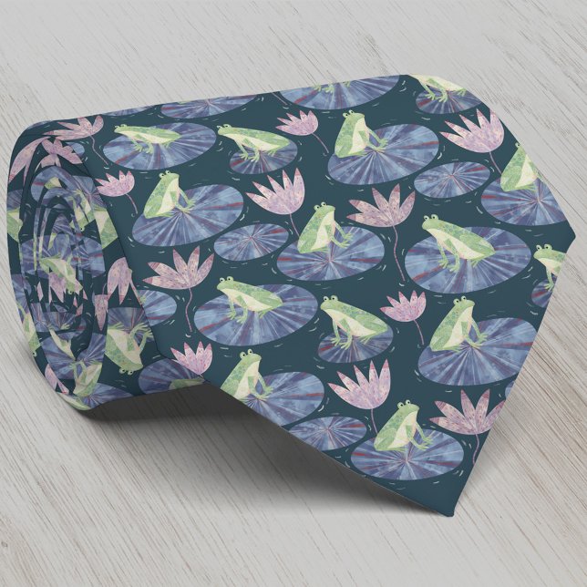 Frog Watercolor Dunkel Krawatte (Fun frog on lily leaves neck tie for nature and amphibian lovers)