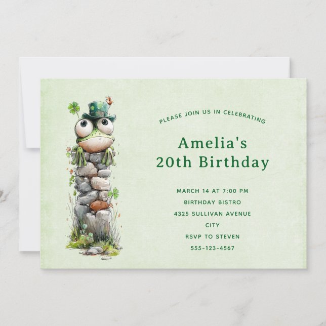 Frog with Green Hat and Shamrock Cute Birthday Einladung (Vorderseite)