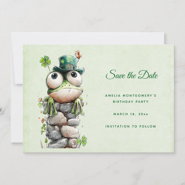 Frog with Green Hat and Shamrock Cute Save The Date (Vorderseite)