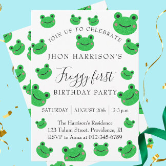 Froggy First Birthday Party Green Frog Einladung