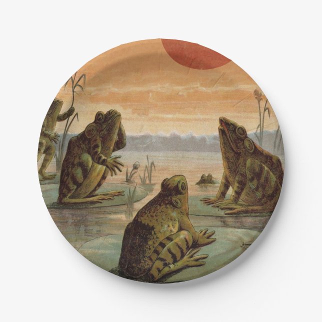Frogs Lily Pads Moon Illustration Pappteller (Vorderseite)