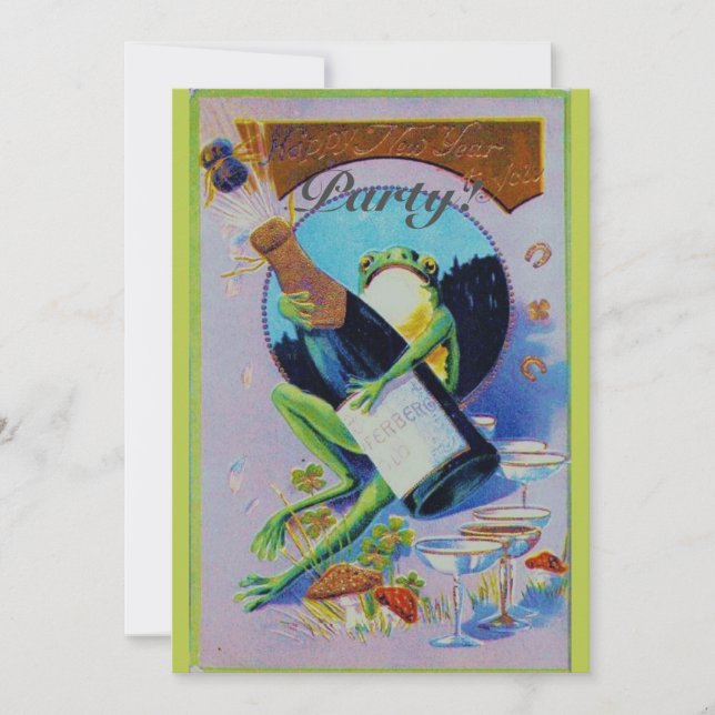 Frogy mit Champagner Flasche Neujahr-Party Einladung (Vorderseite)