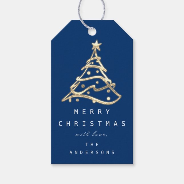froh, um Holiday Golden Christmas Tree Navy zu nen Geschenkanhänger (Vorderseite)