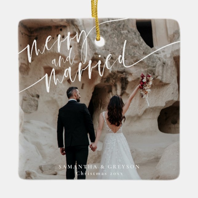froh und Verheiratet neu verheiratet Keramikornament (Vorderseite)