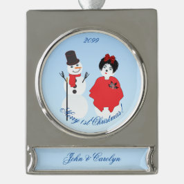 Frohe 1. Weihnachts Couple Snowman Frau Banner-Ornament Silber