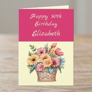 Frohe 50. Geburtstag name Blumen Cerise Karte