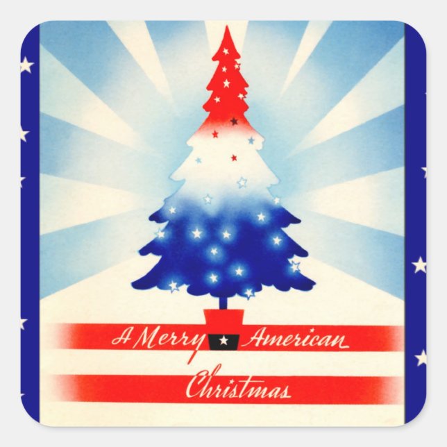 Frohe amerikanische Weihnachtskunst Vintager Platz Quadratischer Aufkleber (Vorderseite)