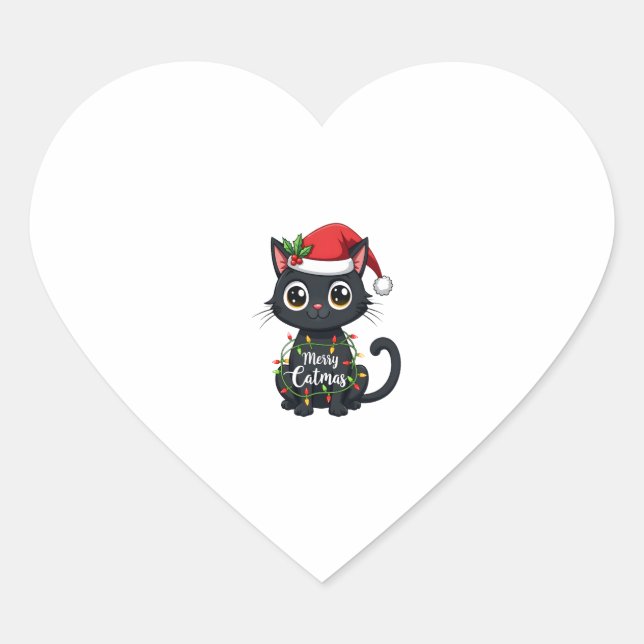 Frohe Catmas Black Cat Weihnachten Weihnachten Wei Herz-Aufkleber (Vorderseite)