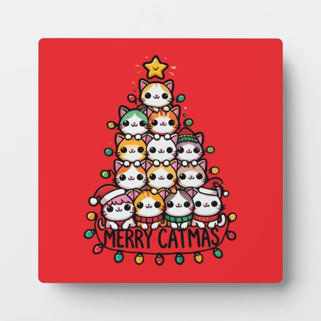 Frohe Catmas Niedliche Katze Weihnachtsbaum Urlaub Fotoplatte (Vorderseite)