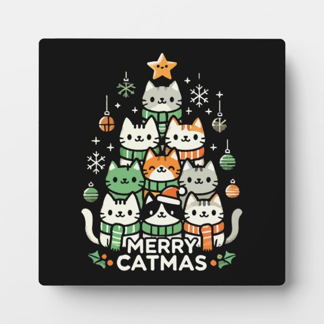 Frohe Catmas Niedliche Katze Weihnachtsbaum Urlaub Fotoplatte (Vorderseite)