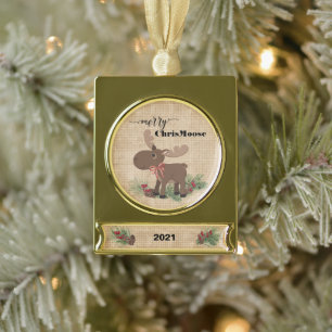 Frohe ChrisMoose Rustikales Banner-Ornament Gold