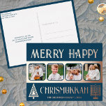 Frohe Chrismukkah 4 Foto Blau und Rose Gold Folien Feiertagspostkarte<br><div class="desc">Gestalten Sie Ihren eigenen Luxus in Echtgoldfolie-Urlaub mit Postkarten mit diesem einfachen und eleganten 4-Foto-Design in dunkelblau und Rose Gold mit einem stilisierten Baum für Weihnachten und einem minimalistischen Menorah für Hanukkah. Frohe Chrismukkah! Fügen Sie Ihre vier Lieblings-Fotos mit dem einfachen Vorlagenuploader hinzu und beobachten Sie, wie Ihre Bilder in...</div>