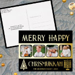 Frohe Chrismukkah 4 Foto Schwarz und Gold Folien Feiertagspostkarte<br><div class="desc">Gestalten Sie Ihren eigenen Luxus-Urlaubssaal in Goldfolie, der Postkarten mit diesem schlichten und eleganten 4-Foto-Design in Schwarz und Gold mit einem stilisierten Weihnachtsbaum und einer minimalistischen Menorah für Hanukkah begrüßt. Frohe Chrismukkah! Fügen Sie Ihre vier Lieblings-Fotos mit dem einfachen Vorlagenuploader hinzu und beobachten Sie, wie Ihre Bilder in schwarz gerahmten...</div>