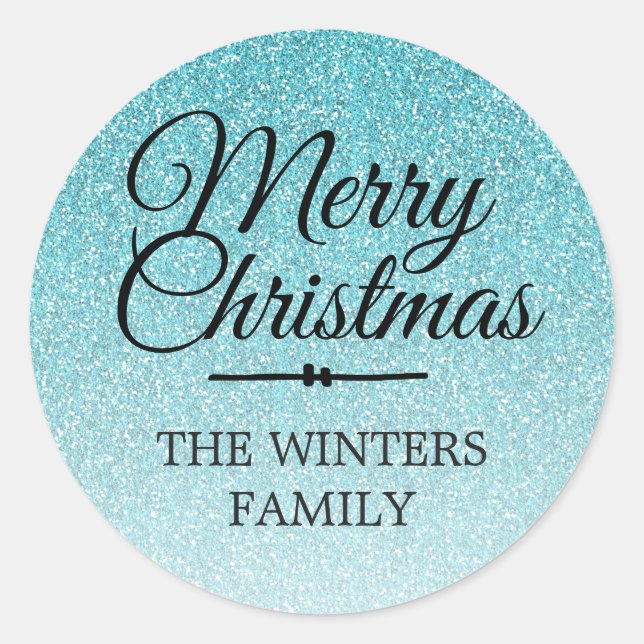 Frohe Christmas Blue Glitzer Ombre Umschlag Aufkle Runder Aufkleber (Vorderseite)