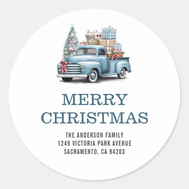 Frohe Christmas Blue Truck Familienfamilie Rücksen Runder Aufkleber (Vorderseite)