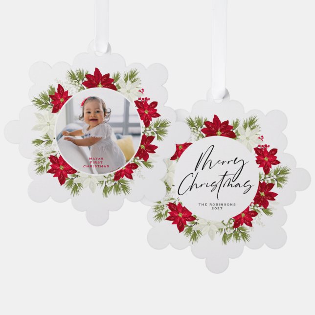Frohe erste Weihnachten Red Poinsettia Wreath Ornament Karte (Vorderseite/Rückseite)