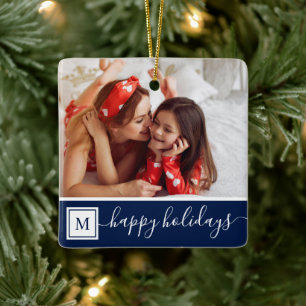 Frohe Feiertage Foto Moderne Navy Blau Monogramm Keramikornament