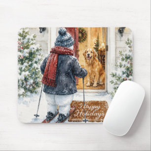Frohe Feiertage Schneemann auf Skiern Mousepad
