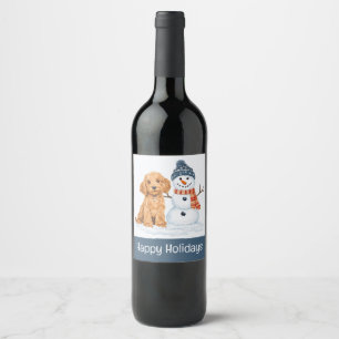Frohe Feiertage Winter Goldendoodle Hund Schneeman Weinetikett
