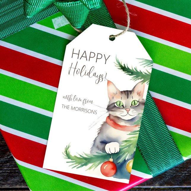 Frohe Ferienkatze am Weihnachtsbaum Geschenkanhänger (Cat people Christmas gift tags watercolor cute green eye cat by Christmas tree personalized tags)