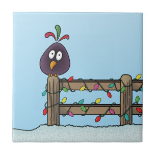 Frohe Festtage Cartoon Bird auf Zaun Fliese