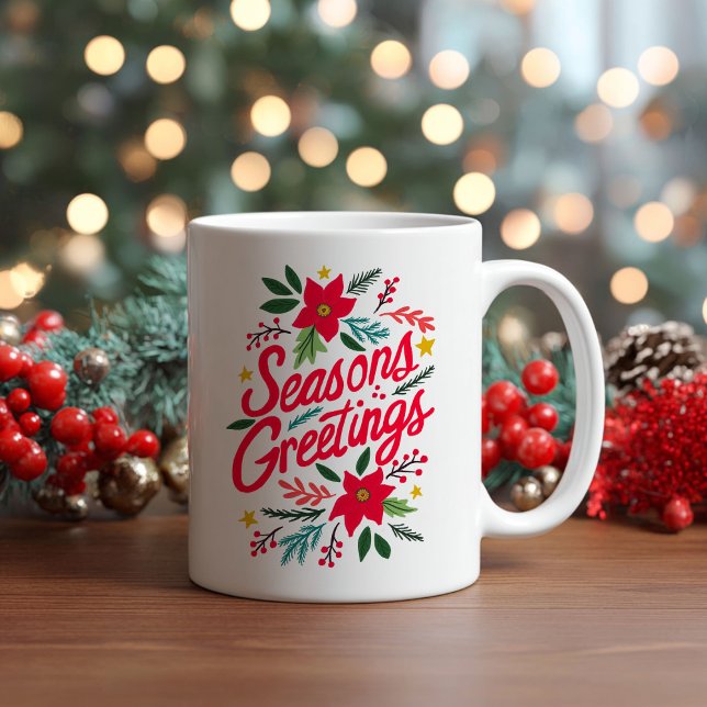 FROHE FESTTAGE Niedlich Weihnachtsferien Folios Kaffeetasse (SEASONS GREETINGS Cute Christmas Holidays Botanical Foliage Hand drawn Coffee Mug
)