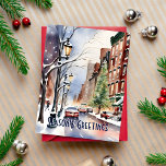 Frohe Festtage Weihnachtsstraße New York Postkarte<br><div class="desc">Frohe Festtage Weihnachten Schneefall Winter New York Straße Grüße Weihnachten Neues Jahr Postkarte,  Schnee Winter Wunderland in New York moderne Aquarell</div>