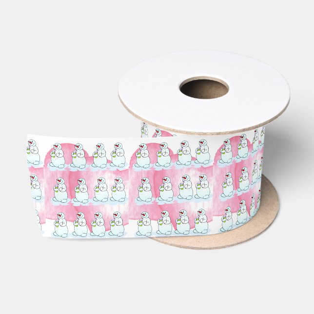 Frohe Festtage, weißer Schneemann, rosa Satinband (Spule)