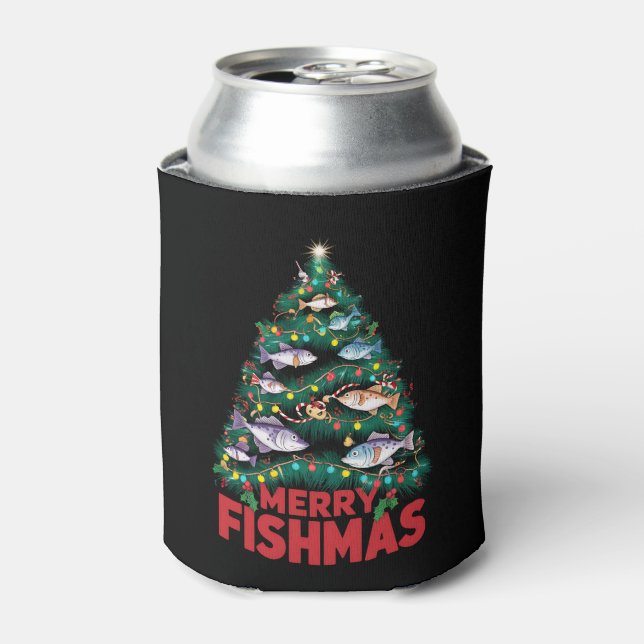 Frohe Fishmas Weihnachtsbaum Lights Fish Angeln Dosenkühler (Kanne Vorderseite)
