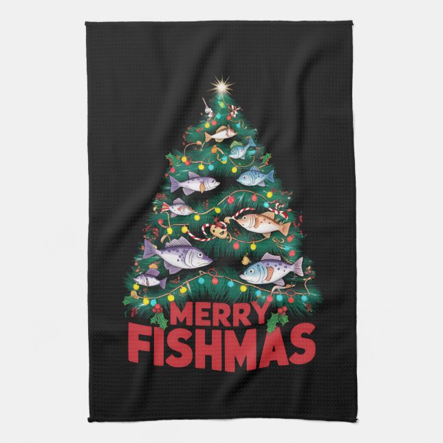 Frohe Fishmas Weihnachtsbaum Lights Fish Angeln Geschirrtuch (Vertikal)