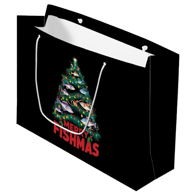 Frohe Fishmas Weihnachtsbaum Lights Fish Angeln Große Geschenktüte (Vorderseite Schrägansicht)