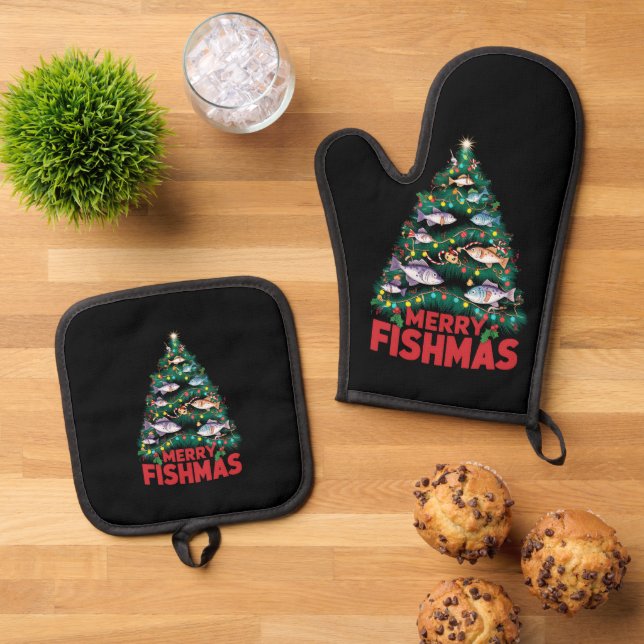Frohe Fishmas Weihnachtsbaum Lights Fish Angeln Ofenhandschuh & Topflappen-Set (Oben Unten)