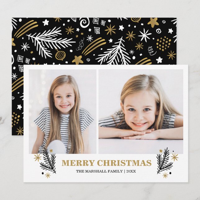 Frohe Gold Schwarz-weiß Pines Weihnachten 2 Foto Einladung (Vorne/Hinten)