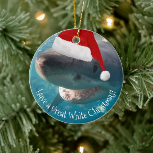 Frohe Große weiße Weihnachtshai Weihnachtsmannm Keramik Ornament