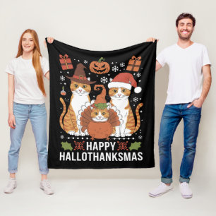 Frohe Hallothanksmas Katzen Halloween Weihnachten  Fleecedecke