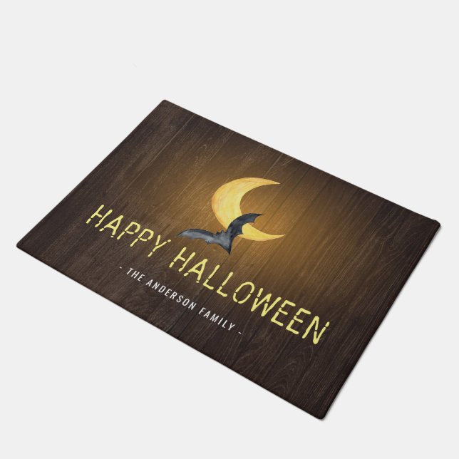 Frohe Halloween Bat & Moon Rustikaler Hintergrund Fußmatte (Schrägansicht)