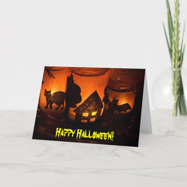 Frohe Halloween Black Cat, Bat Spuk House, ZSSG Karte (Vorderseite)