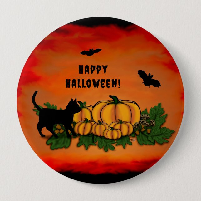 Frohe Halloween , Black Cat , Bat und Pumpkin Button (Vorderseite)