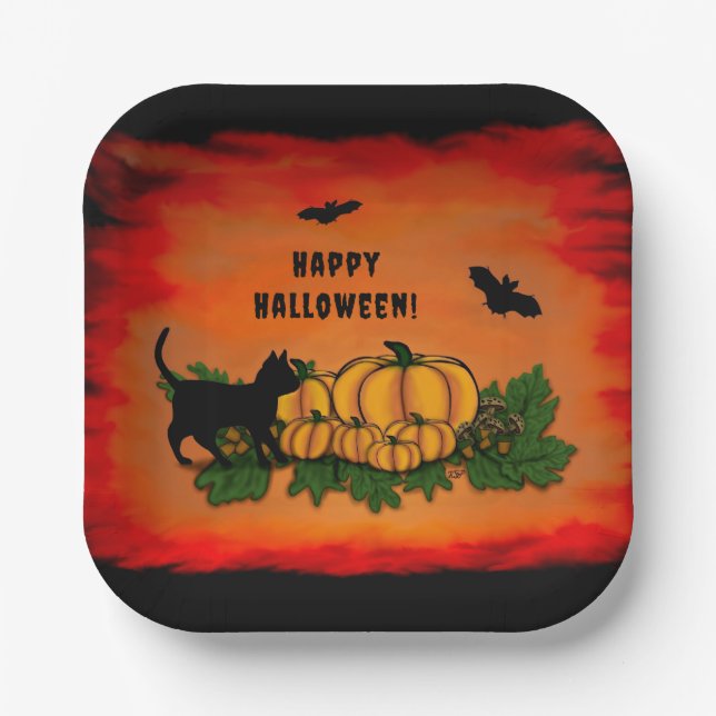 Frohe Halloween , Black Cat , Bat und Pumpkin Pappteller (Vorderseite)