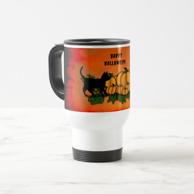 Frohe Halloween , Black Cat , Bat und Pumpkin Reisebecher (Vorderseite Links)