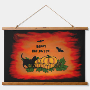Frohe Halloween , Black Cat , Bat und Pumpkin Wandteppich Mit Holzrahmen