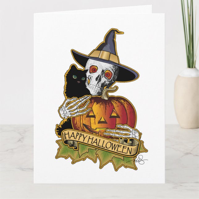 Frohe Halloween Black Cat, Skull and Pumpkin Karte (Vorderseite)