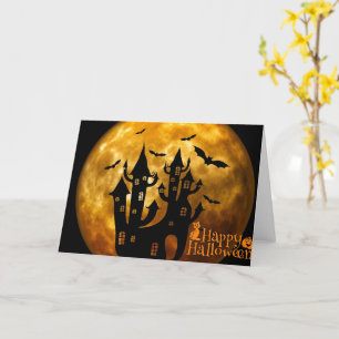 Frohe Halloween-Burg und Vollmond-Grußkarte Karte