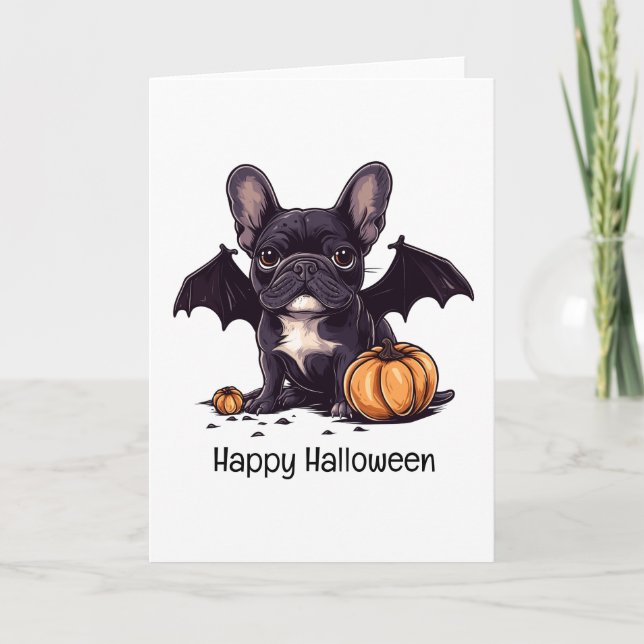 Frohe Halloween French Bulldog Bat Wings Pumpkins Karte (Vorderseite)