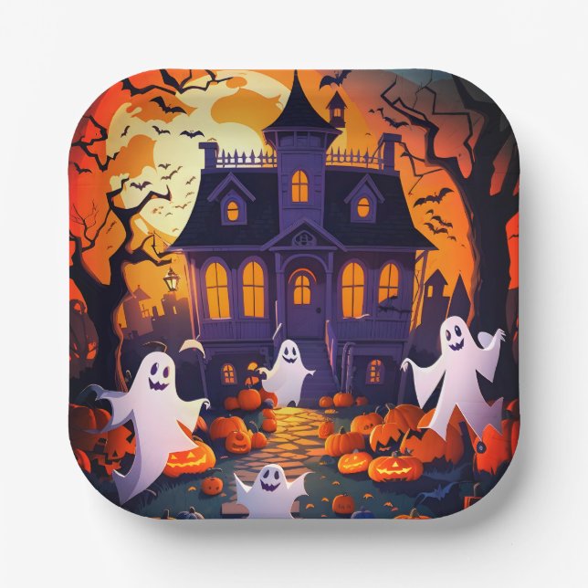 Frohe Halloween Geist und Spuk Haus Pappteller (Vorderseite)