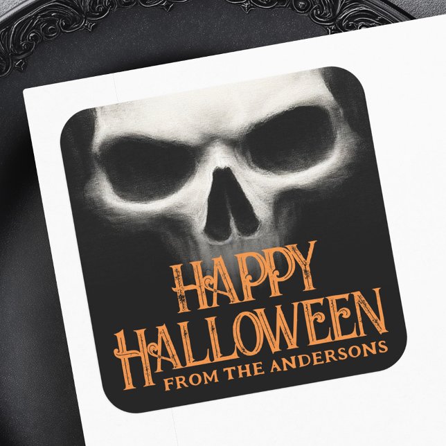 Frohe Halloween-Geistermöwe schwarz-orange Quadratischer Aufkleber (Happy Halloween creepy ghost skull black orange Square Sticker)
