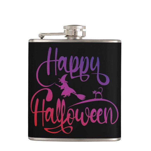 Frohe Halloween-Gradient-Hexenkatze Flachmann (Vorderseite)