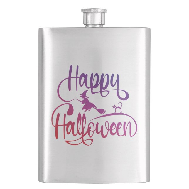 Frohe Halloween-Gradient-Hexenkatze Flachmann (Vorderseite)