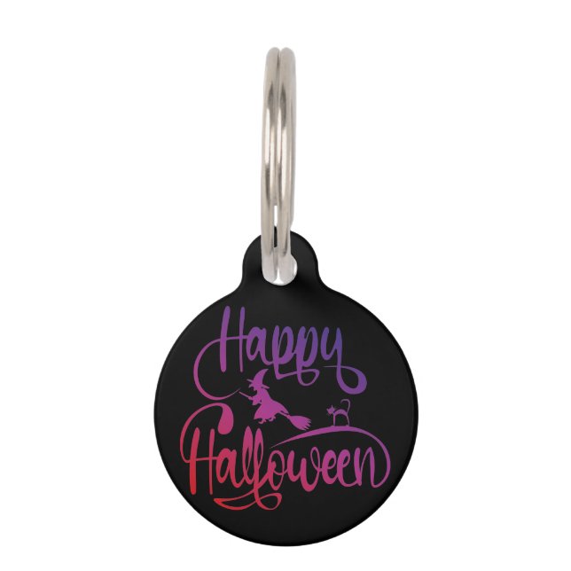 Frohe Halloween-Gradient-Hexenkatze Haustiermarke (Vorderseite)