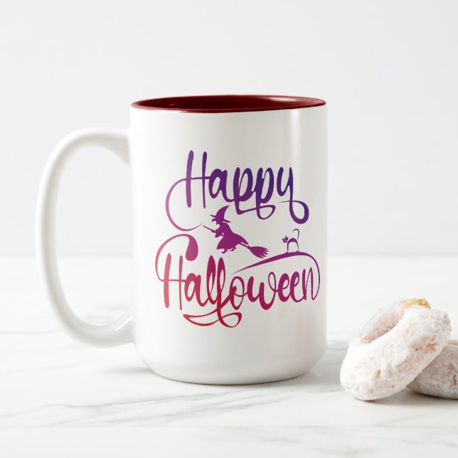 Frohe Halloween-Gradient-Hexenkatze Zweifarbige Tasse (Mit Donut)